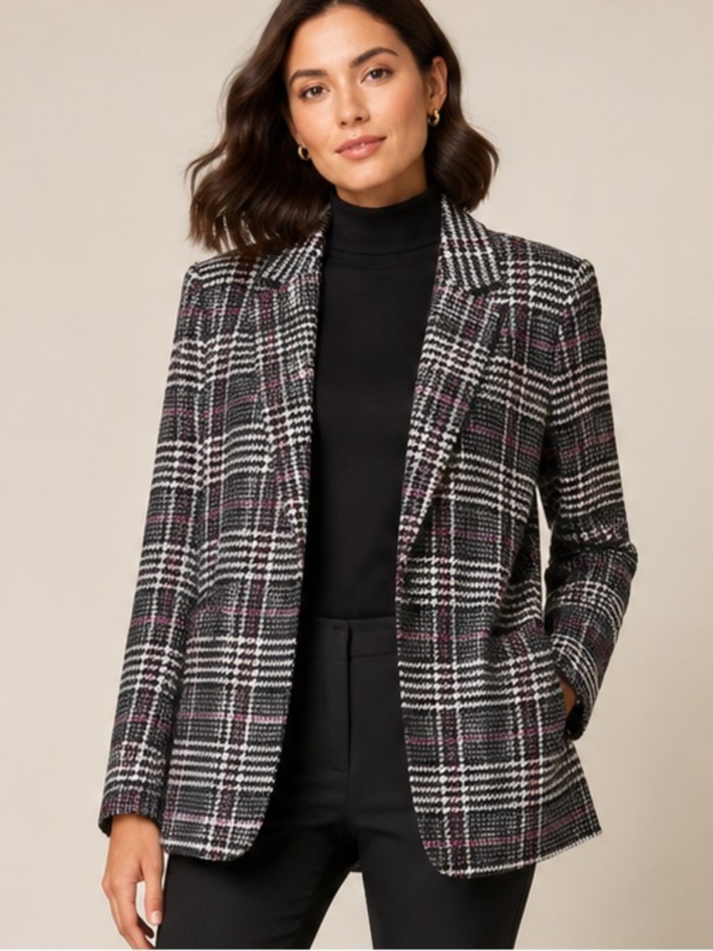 LOFT Plaid Houndstooth Longline Blazer Black Pink Size 4 NWT
